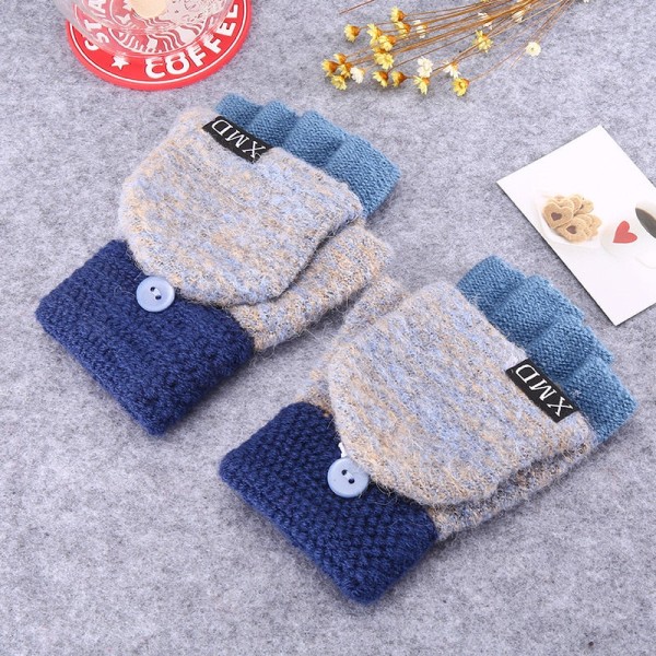 Dame Strikkede Flip Fingerløse Hansker Eksponert Halvfinger Votter Vinter Varme Tykkere Hansker Strikkeull Berøringsskjermhansker Blue Grey One size