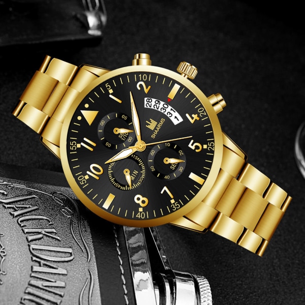 Falsk Tre-Öga Business Digital Våg Herr Kalender Mode Quartz Klocka Black Belt