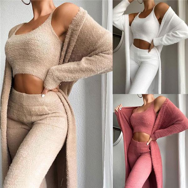 Naisten korallifleece-pyjamasetti syksy talvi pyjamat 3 kolmiosainen pyjamaliivi + housut + takki kolmiosainen puku Beige S