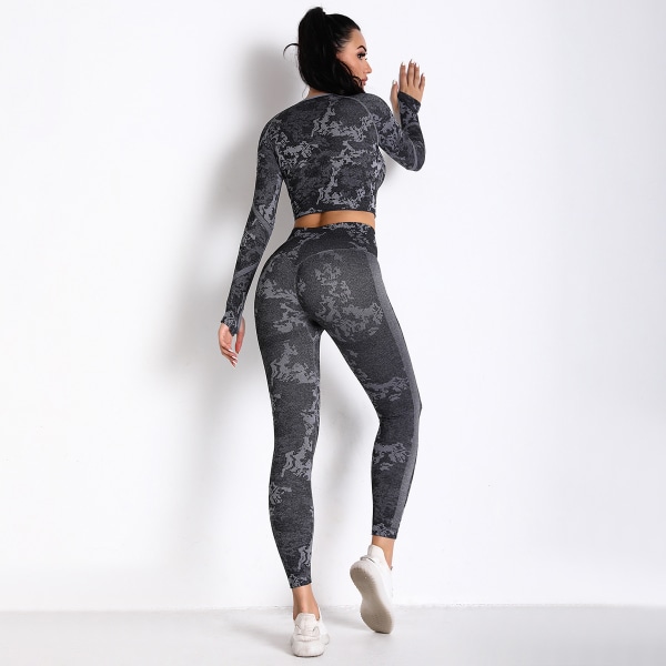 Yoga Tøj Kvinder Sømløs Strikket Camouflage Korset Yoga Sæt Høj Elastisk Korset Langærmet Yoga Bukser Kvinder 6321 long sleeve trousers suit-Gray L