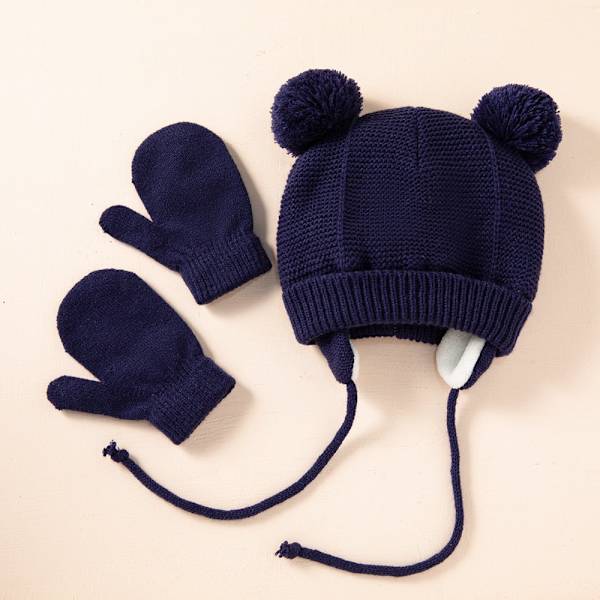 Söt Stickad Pom Pom Baby Mössa Handskar Set Tjock Varm Flicka/Pojke Mössa Handskar Beanie Vinter Öron Varma Barn Mössa Baby Bonnet Muts NavyGlovesHat