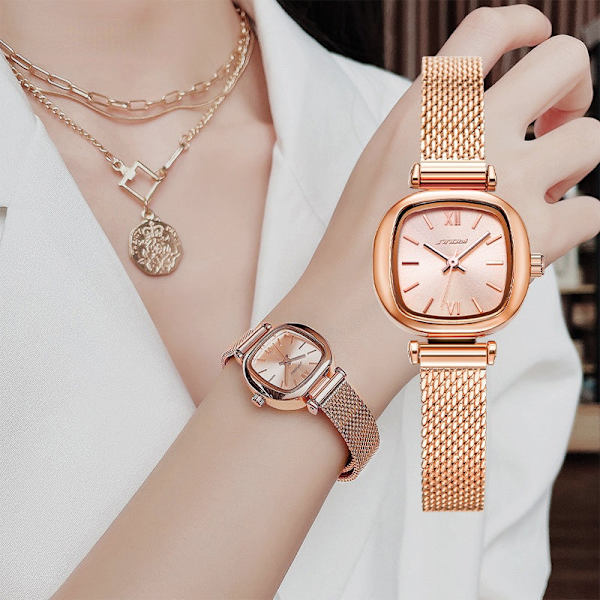 Sinobi Utsökt Mesh Armband Damklocka Roséguld Retro Mode Business Fyrkantig Damklocka 9852 White