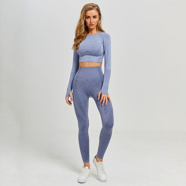 Set Gym Kläder Fitness Leggings+Cropped skjortor Sport Suit Dam blue gray L