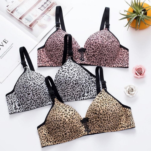 Dam Enfärgad Sexig Leopardtryck Glansig Andningsbar BH Vadderad Push Up Justerbar Rem BH Gold 40/90B