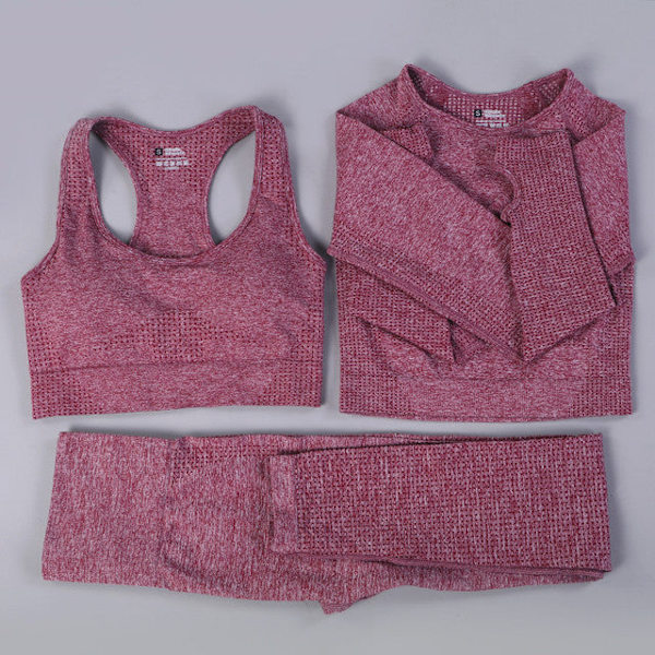 Yoga Set Dam Fitness Sportkläder Träningsdräkter GYM Kläder Löpartights Träningsbyxor 3pcs WineRed M