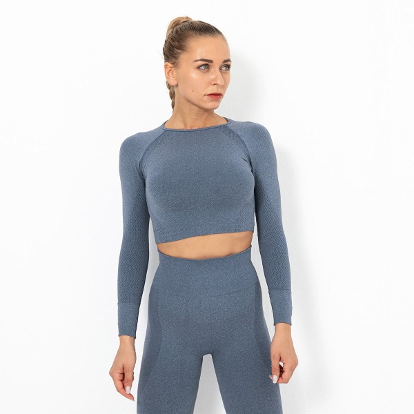 Europeisk og amerikansk sømløs strikket sexy ensfarget langermet topp yogaklær dame sports løping fitness pustende T-skjorte 9165 long sleeve-bright yellow M