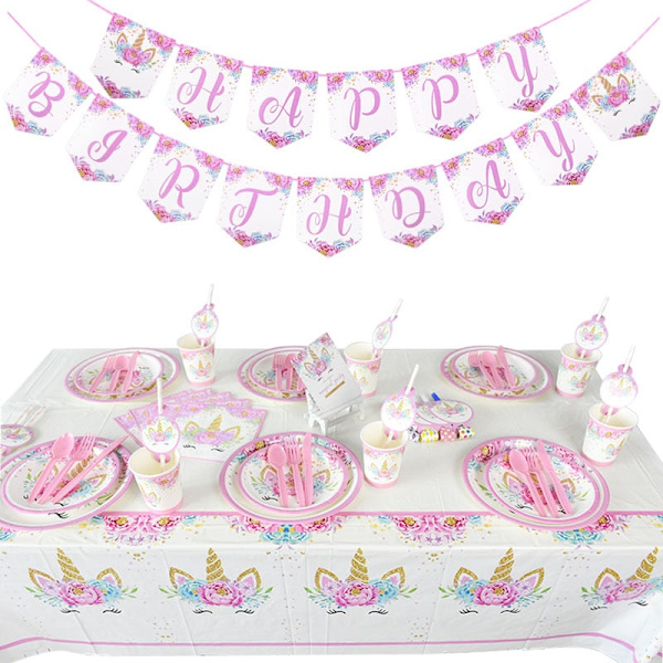 Engangs сервиise med enhjørning-tema, papirtallerkener, kopper, servietter, dekorasjon til enhjørning-bursdagsfest, babyshower, jente Number2 Set