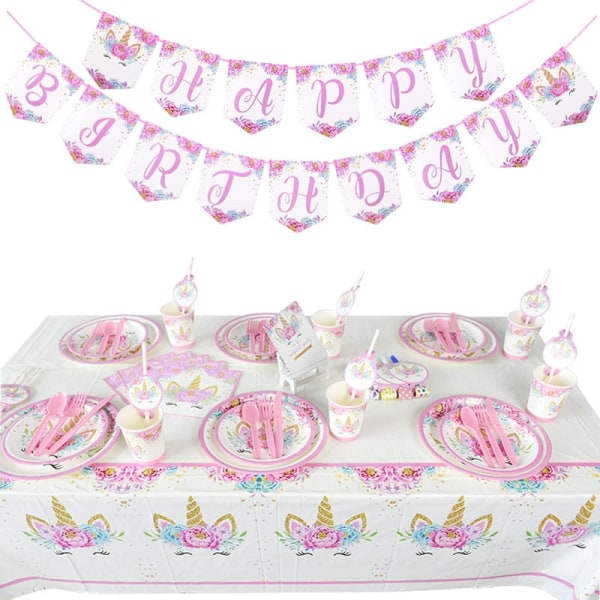 Enhörning engångsservis Enhörning Festtillbehör Papperstallrik Koppar Servetter Enhörning Födelsedagsfest Dekoration Baby Shower Girl 1set paper flag