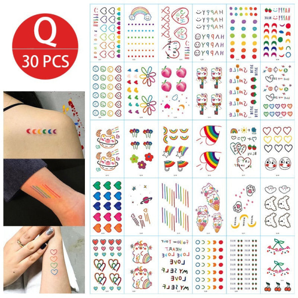 Midlertidige tatoveringsklistremerker for jenter, vanntette, langvarige, falske tatoveringsklistremerker, lyse, søte tatoveringer på kropp, ansikt, barn Q 30pcs