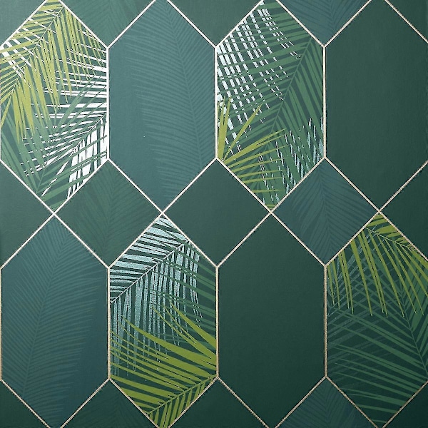Miami Geometrisk Tapet med Lövmotiv Fine Decor Smaragd/Guld Emerald/Gold