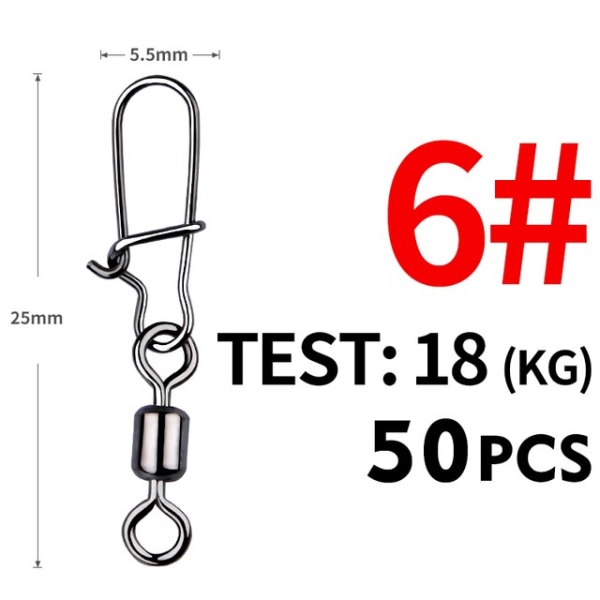 Fiskkrok 50 st Gäddfisketillbehör Kopplingsstift Lager Rullande Svirvel Rostfritt stål Snap Fiskkrok Lure Snurr Tackle Size14 15mm 3kg