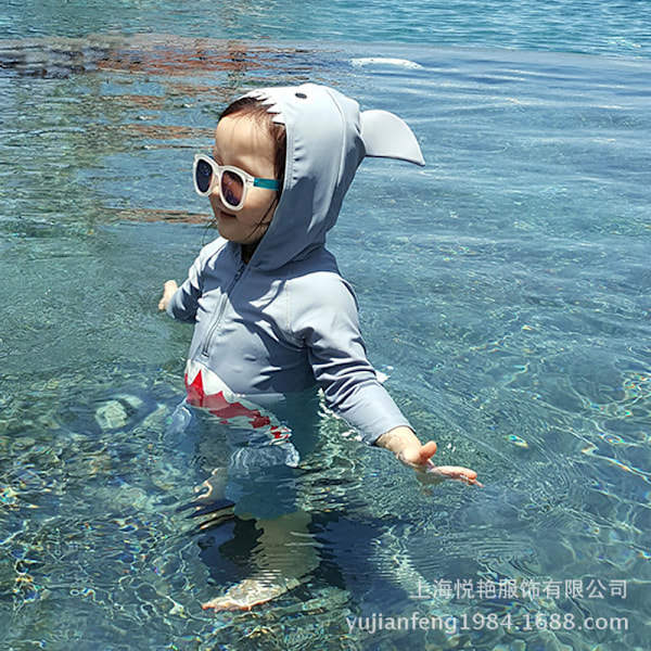 Baddräkt Pojkar Heldräkt Haj Solskydd Snabbtorkande Baby Småbarn Baby 1-3 År Långärmad Baddräkt Badkläder Gray shark Siamese 8T（130-140CM）