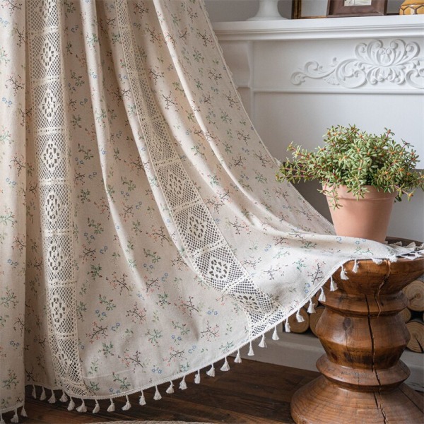 Blommig printed gardin ihåliga gardiner Amerikansk virkad med tofsar Gardin för vardagsrum Vanlig dörr Gardin burspråk 1 W150xH200cm