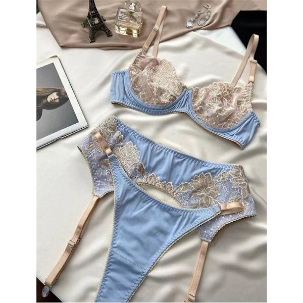 Aduloty Sexiga underkläder för kvinnor sommar tunn bh-set delikat spets sömnad blomma broderi mesh perspektiv erotiska underkläder Golden L