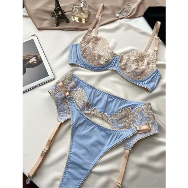 Aduloty Sexiga underkläder för kvinnor sommar tunn bh-set delikat spets sömnad blomma broderi mesh perspektiv erotiska underkläder Golden M