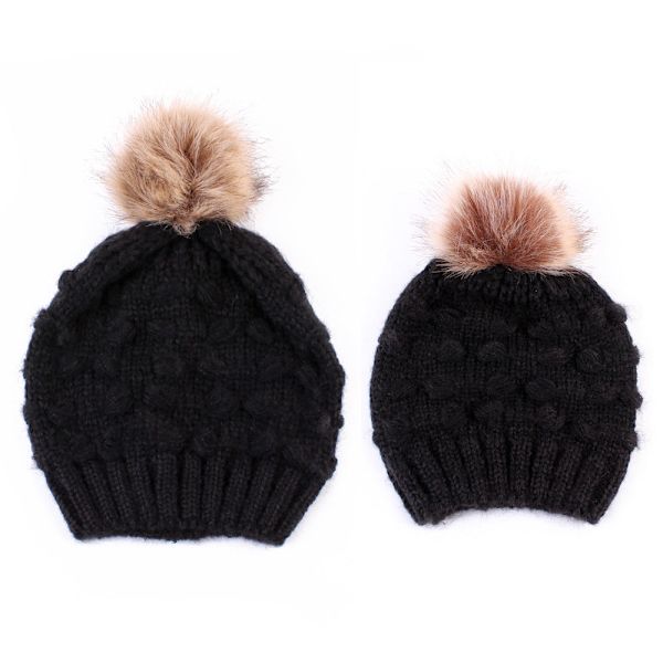 Förälder-Barn Stickad Mössa Tillverkare Fjäril Pälsboll Varm Mössa Black Average size