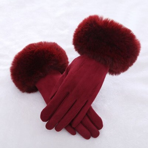 Fashionable dame vinter varme ruskind læder touch screen handske kvinde imiteret kaninpels broderi plus fløjl tykke kørehandsker H92 Gray One Size