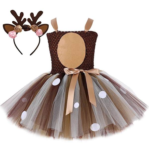 Hirvipuvut tytöille, joulumekko lapsille, Halloween-asut, poro tyllihame, syntymäpäiväprinsessan vaatteet, ruskea Dress with Headband