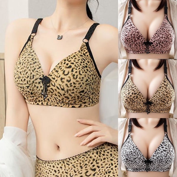 Dam Enfärgad Sexig Leopardtryck Glansig Andningsbar BH Vadderad Push Up Justerbar Rem BH Pink 44/100B