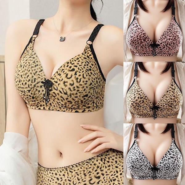 Dame Ensfarvet Sexet Leopard Print Blank Åndbar BH Polstret Push Up Justerbar Strop BH White 38/85B