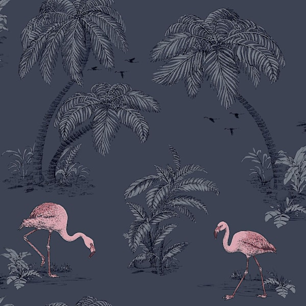 Holden Flamingo Lake Tapet Palmtrær Tropiske Fugler Midnattsblå Rosa