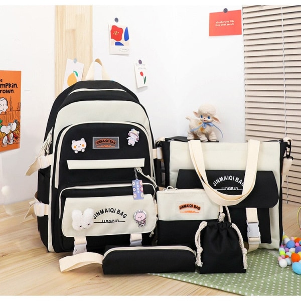 5 stk Sett Ryggsekker For Student Skoleveske For Jenter Multifunksjonelle Skoleryggsekker Håndveske Stor Kapasitet Jenters Pennal 4pcs black
