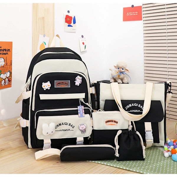 5 stk Sett Ryggsekker For Student Skoleveske For Jenter Multifunksjonelle Skoleryggsekker Håndveske Stor Kapasitet Jenters Pennal 4pcs black2