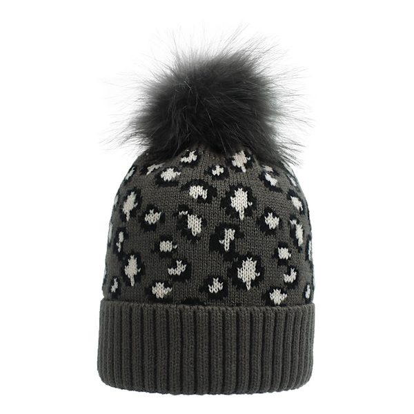 Efterår og Vinter Strikket Hue Dame Leopard Print Uld Strikket Hue Moderigtig Varm Stor Pelskvast Hue Rust red