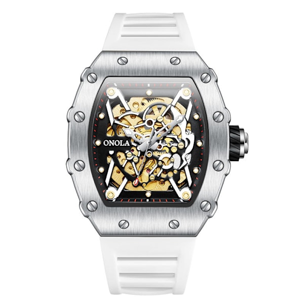 Automatisk Mekanisk Klocka Herr Silikonarmband Mode Vattentät Sportklocka Herr Silver White