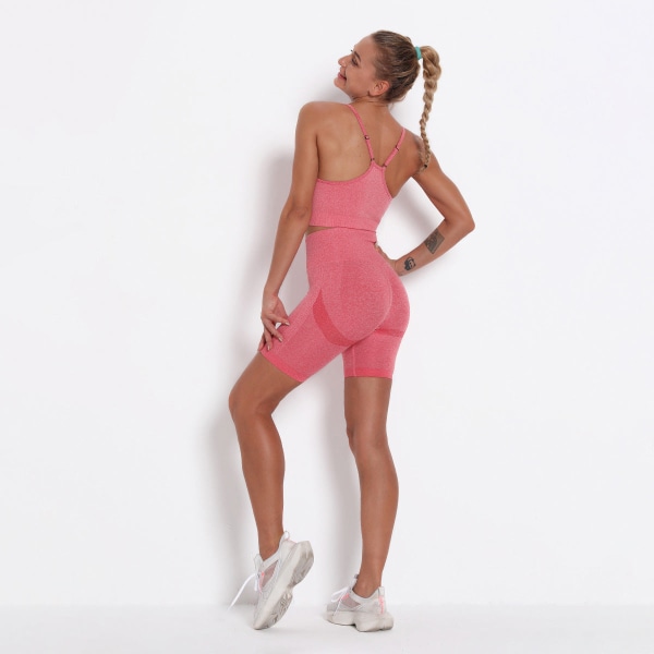 Europeiska och amerikanska stickade sömlösa hopfällbara persiko-höftlyftande yogashorts Sport Yoga Fitness Sport-BH Set 6205 bra shorts set-purple L
