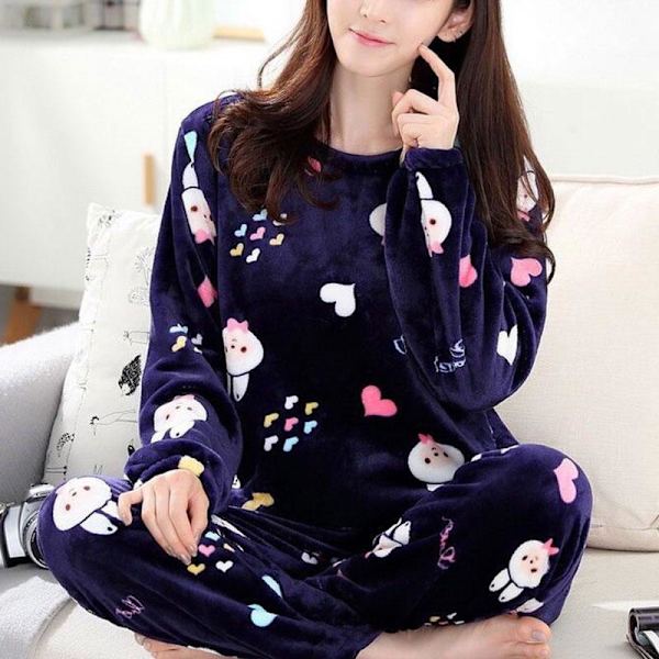 Tjocka Flanellpyjamas för Dam med Tecknat Mönster, Sovkläder Vinter Varm Långärmad Coral Fleece Loungewear Blue L
