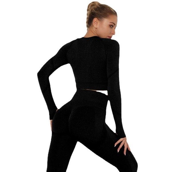 Europeiska och amerikanska sömlösa yogakläder, långärmad, hög elastisk, plisserad, snabbtorkande, långärmad fitness yogatopp 6205 Long Sleeve-Black L