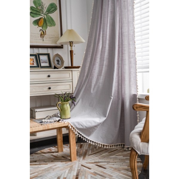 Simpelt bomulds- og linnedgardin stribet kvast stue gardinstang Beige Stripes tassel-hook curtain 150W * 220 high CM