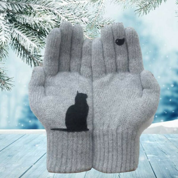 Vinterhandskar för män kvinnor tonåringar, söta katt- och fågeltryckta termiska stickade handskar, vindtäta varma vintervantar, mjuka Black 20cm