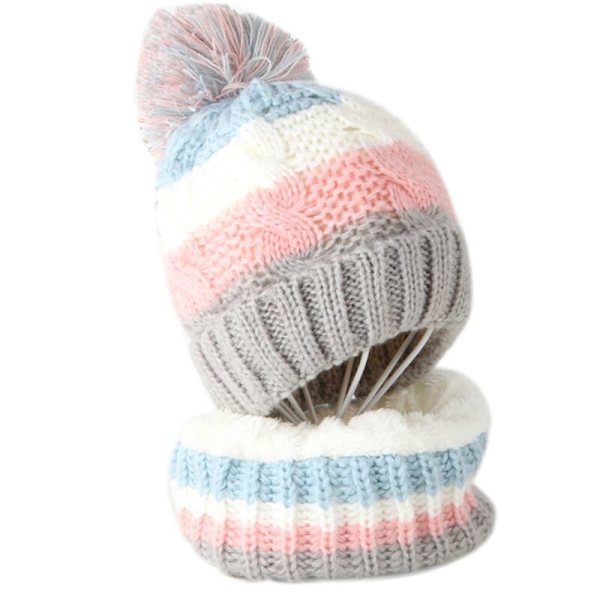 Børne Vinter 2 stk. Kabelstrikket Hue og Halstørklæde Sæt Sød Pompom Kontrastfarve Striber Skull Cap Plysforet Halsvarmer Deep Gray