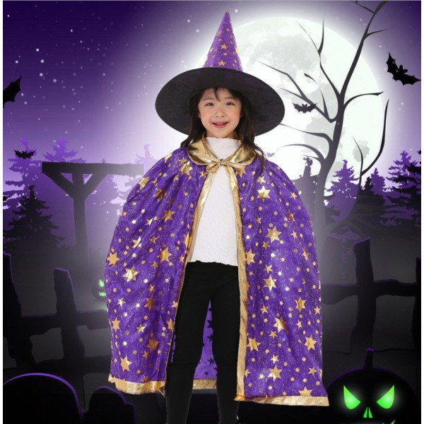 Halloween Cape Med Hatt Stjärnmönster Pumpa Cape Cosplay Kostymer Halloween Kostym För Barn Pojkar Flickor Fest Födelsedag 80 cm Pink One Size