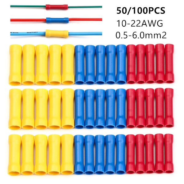 10/50/100 st Blandade Isolerade Krympterminaler Elektriska Kabelkontakter Butt Connectors Krympterminal BV1.25 BV2.5 BV5.5 Blue 1.5-2.5mm2 100PCS