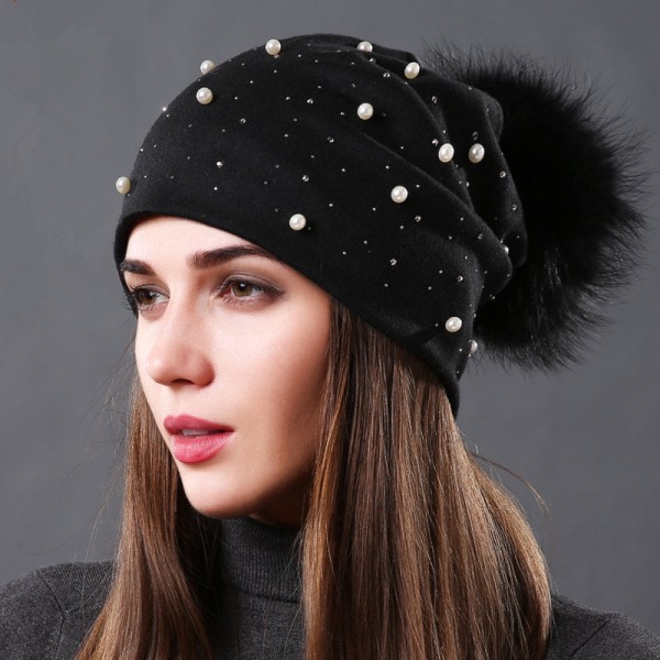 Perle Dobbeltlags Bomullsmateriale Ermehette Høst og Vinter Dame Allsidig Mote Vaskebjørn Ball Pels Dame Varm Lue Navy blue natural color ball