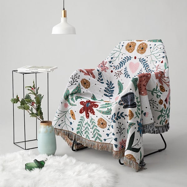 Textile City Hjortskogen Multifunktionell Vävd Jacquardfilt Växtblommor Heminredning Sofföverdrag Dubbelsidig Sängöverkast White 130x180cm