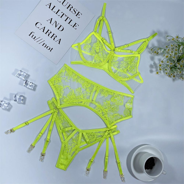 Aduloty Erotiska underkläder för kvinnor, tunn sektion, genomskinlig mesh, broderi, sexiga underkläder, bygel-bh, strumpebandshållare, stringtrosa Green M