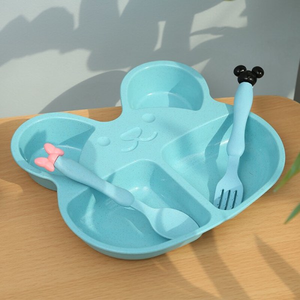 Vetehalm Baby Tecknad Björn Servisset Småbarns Middagstallrik Matningsmaträtter Barn Träningsskål Sked Gaffel för Barn Beige Set