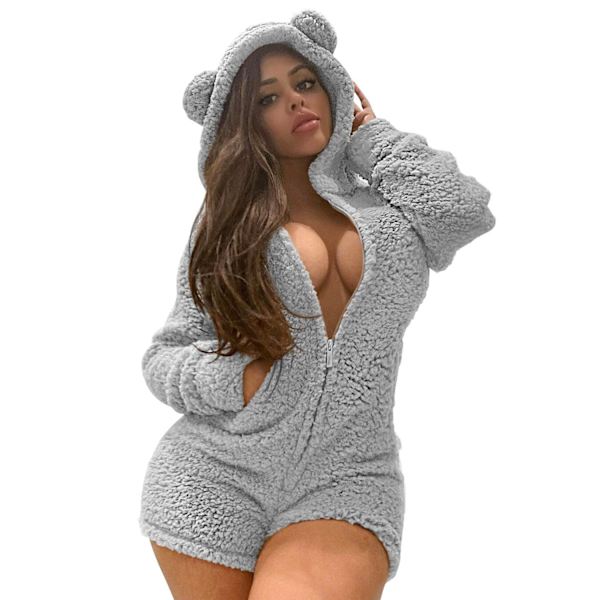 Vinter Teddy Öra Söt Sovkläder Onesies Kvinnor Sexiga Damer Plysch Förtjockad Kawaii Hooded Pyjamas Hemmakläder Varm Jumpsuit Nattlinne Camel XL