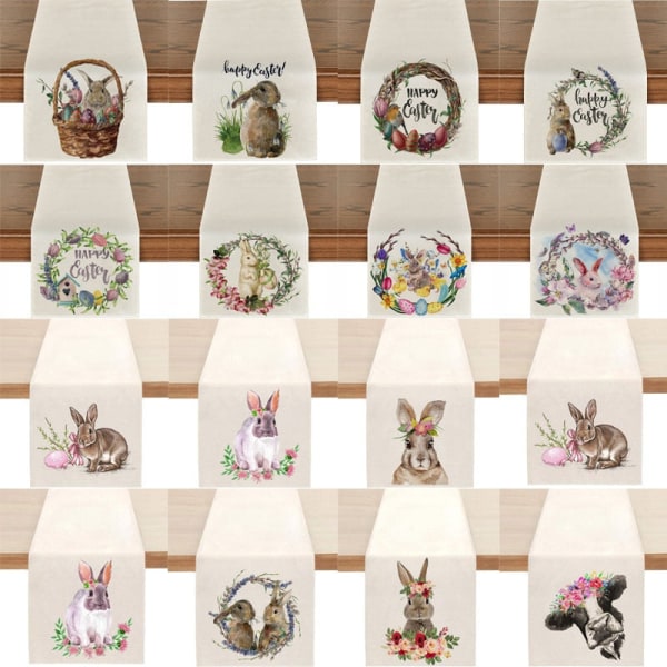 Søt naturlig jute burlap påskehare blomster egg ku trykt bordløper bordflagg duk stoffdeksel duk fest hjem dekor rectangle 33X90CM white 9