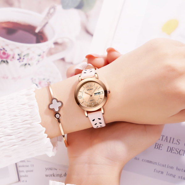 Quartz Klokke Ikke-Mekanisk Dameklokke Selvlysende Vanntett Dobbel Kalender Kvinnelig Student Stålreim Klokke Rose gold face