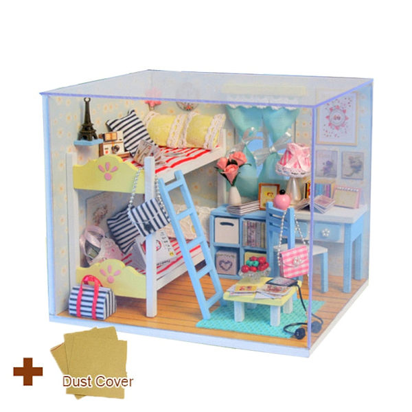 Cutebee DIY Dukkehussett Med Møbler LED-Lys DIY Miniatyr Byggesett Lite Hus Treleker for Barn Voksen As  photo QT25B