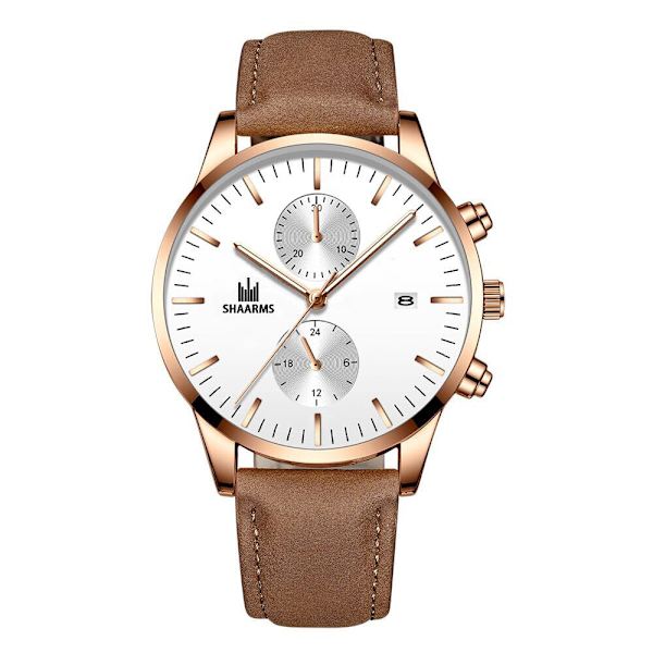 Elegant Affärs Herrklocka Enkla Falska Ögon Med Kalender Quartz Läderarmbandsur Herr Brown