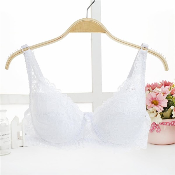Dam Spets BH Djup V Push Up BH Formande Vadderad BH Underkläder Broderi Lingerie Plus Size BH Beige 36A