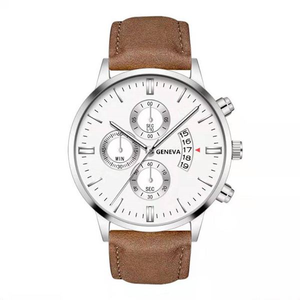 Klocka med läderarmband, kvartsur, modekalender, herrklocka, affärsklocka för män White Shell brown with white surface