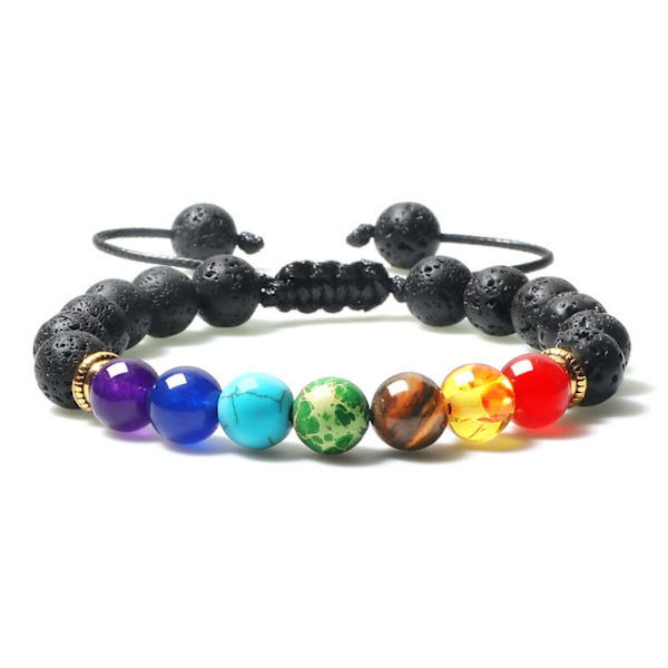 7 Chakra Armband Herr Svart Lava Tigeröga Stenar Helande Balans Pärlor Reiki Buddha Bön Naturlig Sten Yoga Armband Armringar Matte Black Elastic