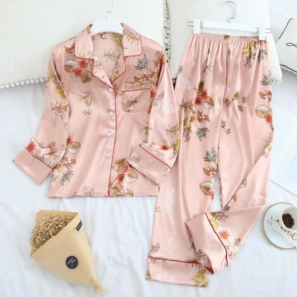 Långärmad pyjamas Höst Is-silke Långärmad byxdress Tryck Mode Pyjamas Set Pink M